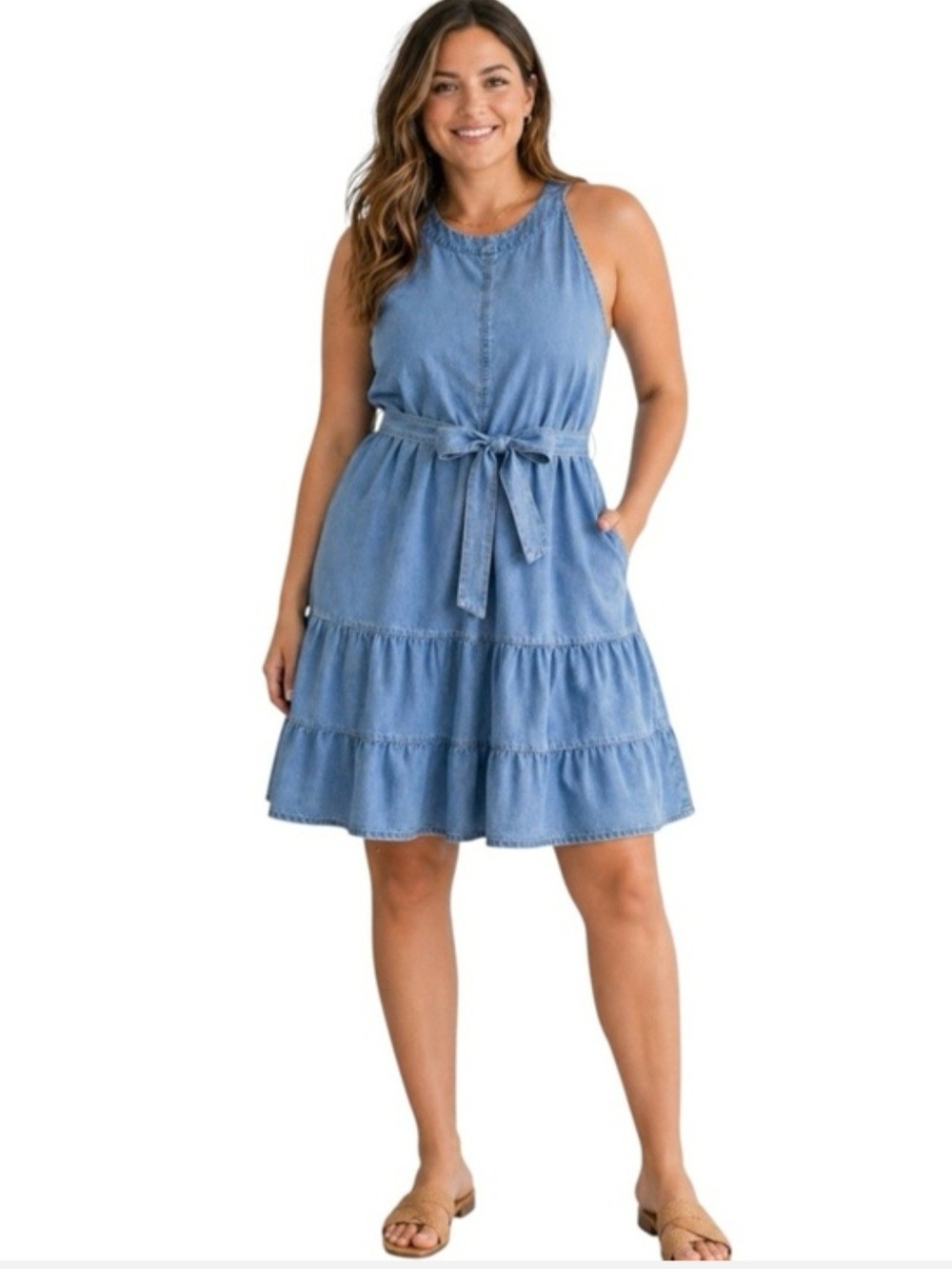 Sleeveless Light Blue Denim Tie-Waist Dress With Pockets Soft Lyocell